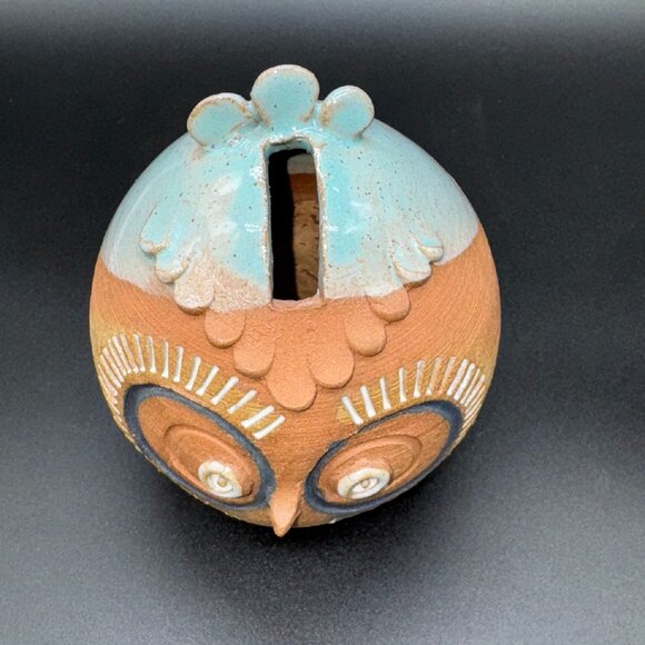Pottery Owl Coin Bank Figurine Red Clay Signed Copeland Blue Glaze - Picture 2 of 5